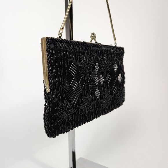 VTG Black Small Beaded Purse Womens Handbag 1920s Flapper Gir Made In‎ Hong Kong - Picture 2 of 16